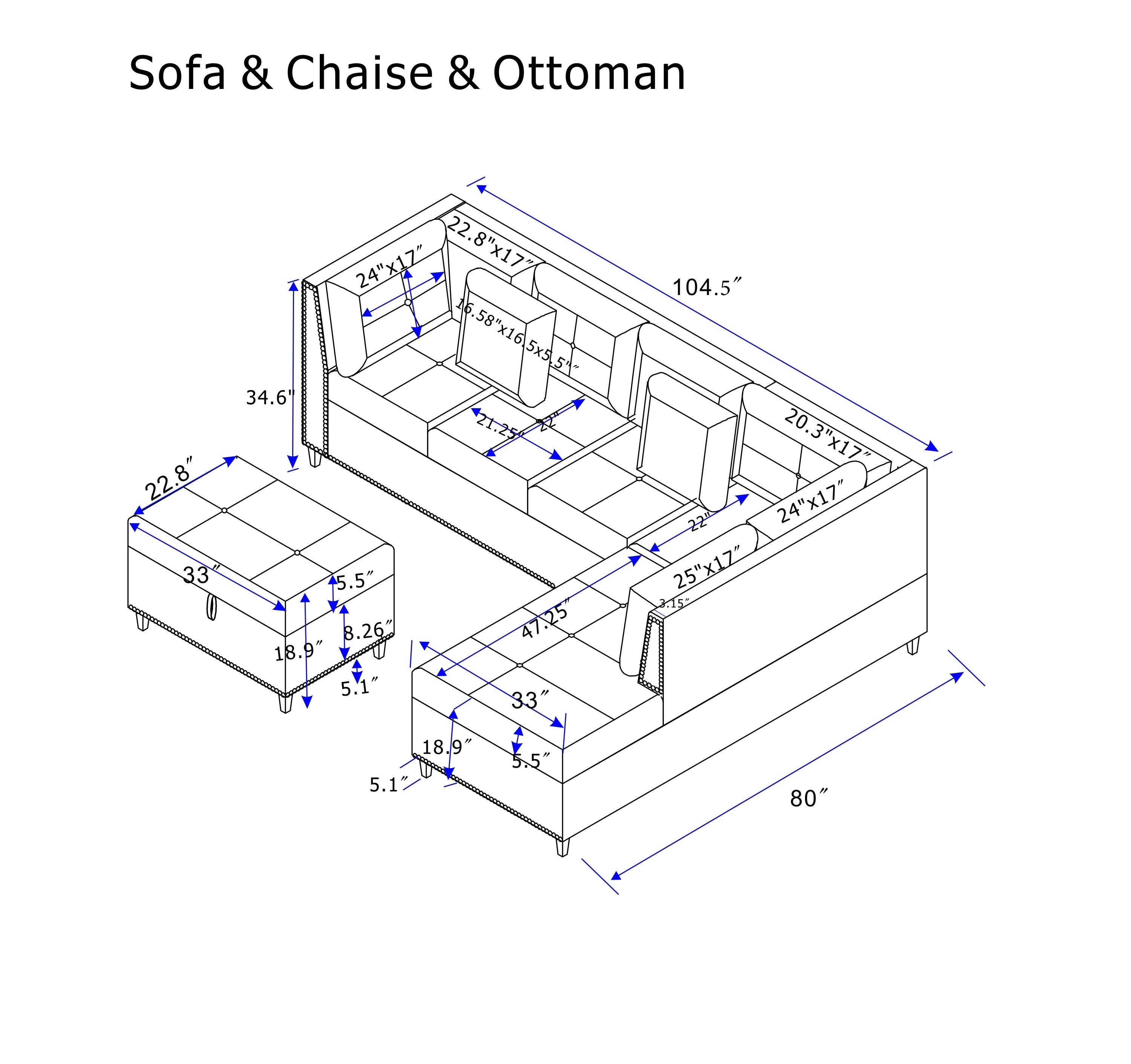 104.5' Upholstered Sofa,Chaise & Ottoman , Gray