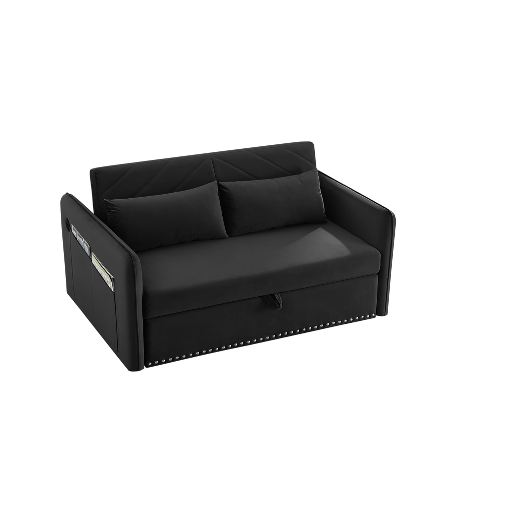 MH' Sleeper Sofa Bed w/USB Port, 3-in-1 adjustable sleeper with pull-out bed, 2 lumbar pillows and side pocket, soft velvet convertible sleeper sofa bed, suitable for living room bedroom