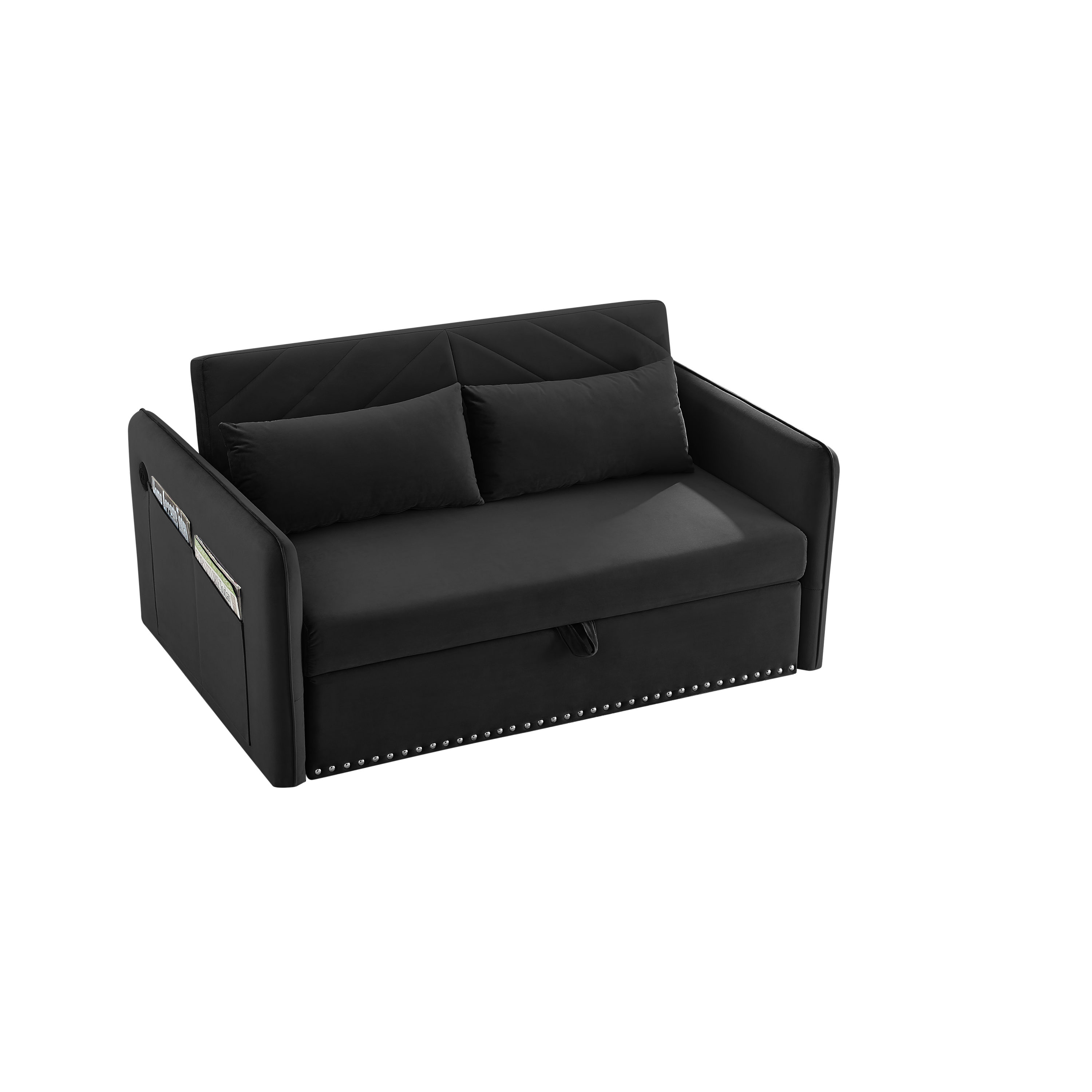 MH' Sleeper Sofa Bed w/USB Port, 3-in-1 adjustable sleeper with pull-out bed, 2 lumbar pillows and side pocket, soft velvet convertible sleeper sofa bed, suitable for living room bedroom