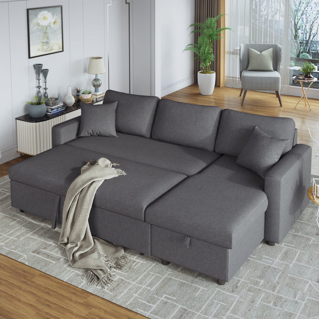 U_STYLE 87.44' Upholstery Sleeper Sectional Sofa Grey with Storage Space, 2 Tossing Cushions