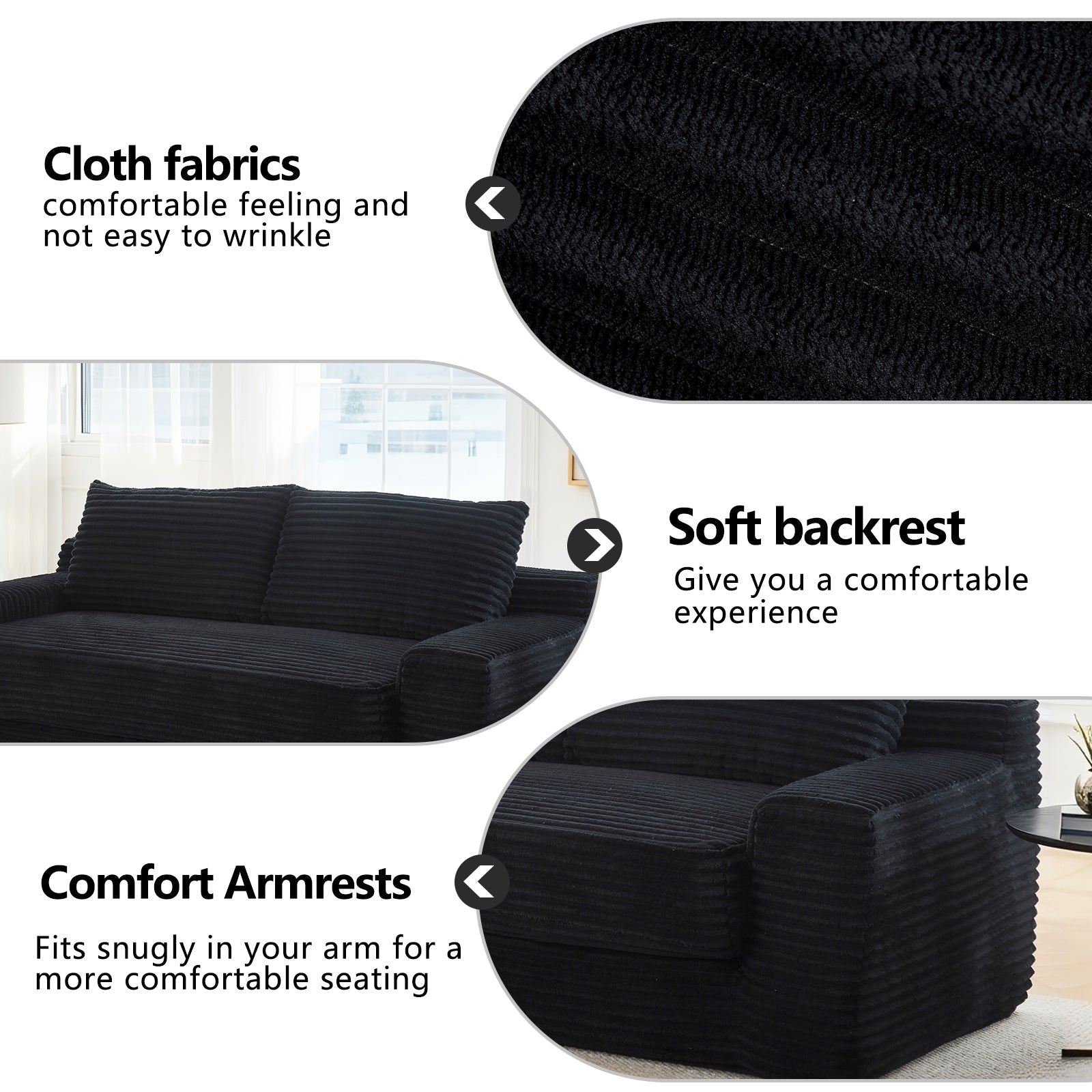 Loveseat Sofa  with Memory Foam & Steel Frame - No Assembly, Convertible 2-in-1 Design, Corduroy Fabric - Compact Couch for Small Spaces, Apartments, Home Office & Bedroom (Black)