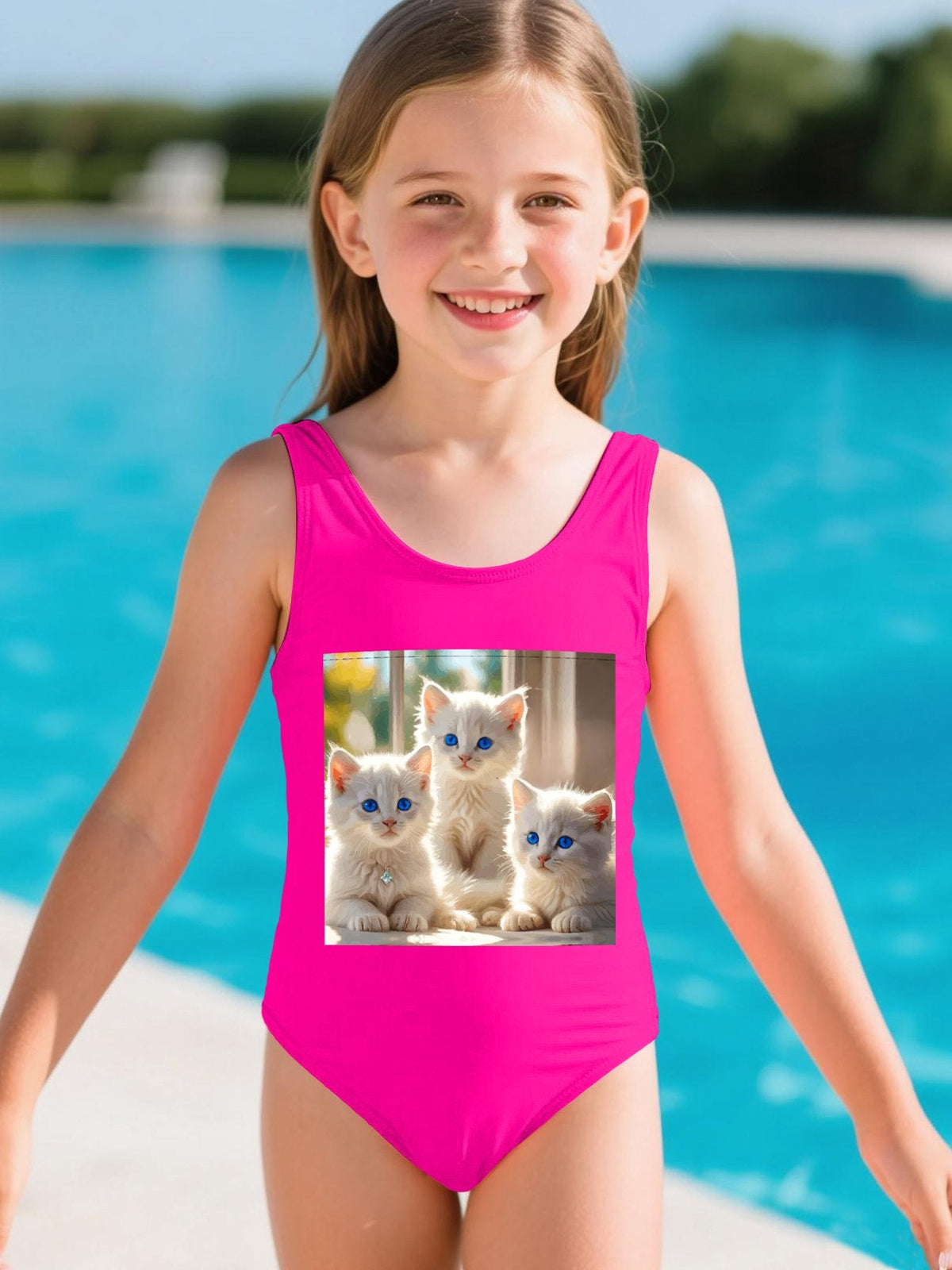 Fluffy White Kittens with Blue Eyes Girls' Summer One-Piece Swimsuit (Front Printing)