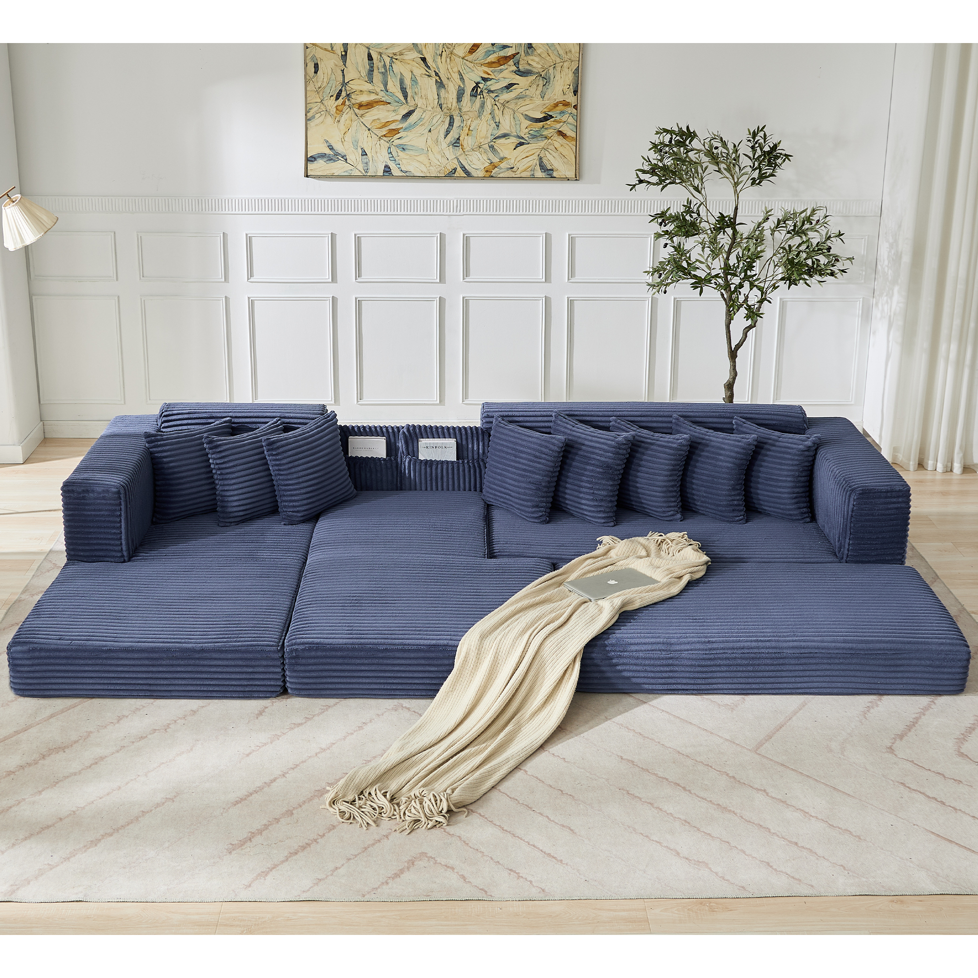 [NEW ARRIVED] [VIDEO PROVIDED]   Oversize Cloud Couch, L-Shape Sofa, Convertible Floor Sleeper Sofa Bed,  No Assembly ,Eight  pillows,3-in-1,Side Pocket,(Left Facing Sofa),3 Seat,Corduroy,Blue