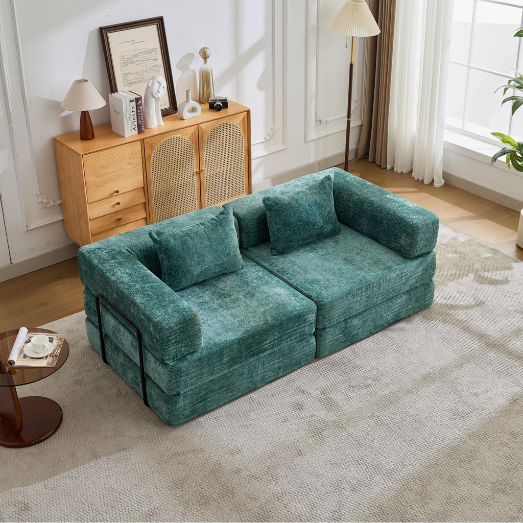 Compression Sofa,Convertible Floor Sofa Bed with Fixed-Shape Frame, Loveseats Boneless Modular Sectional Sofa,No Assembly Required,Chenille fabric,for Living Room Bedroom,Dark Green