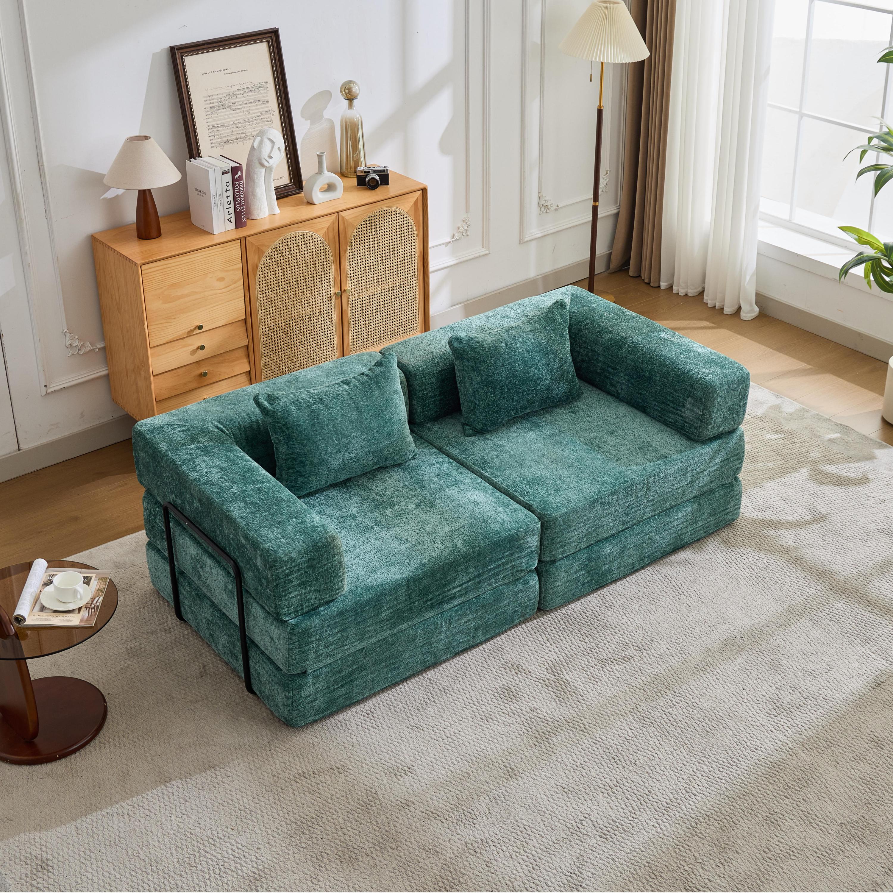 Compression Sofa,Convertible Floor Sofa Bed with Fixed-Shape Frame, Loveseats Boneless Modular Sectional Sofa,No Assembly Required,Chenille fabric,for Living Room Bedroom,Dark Green
