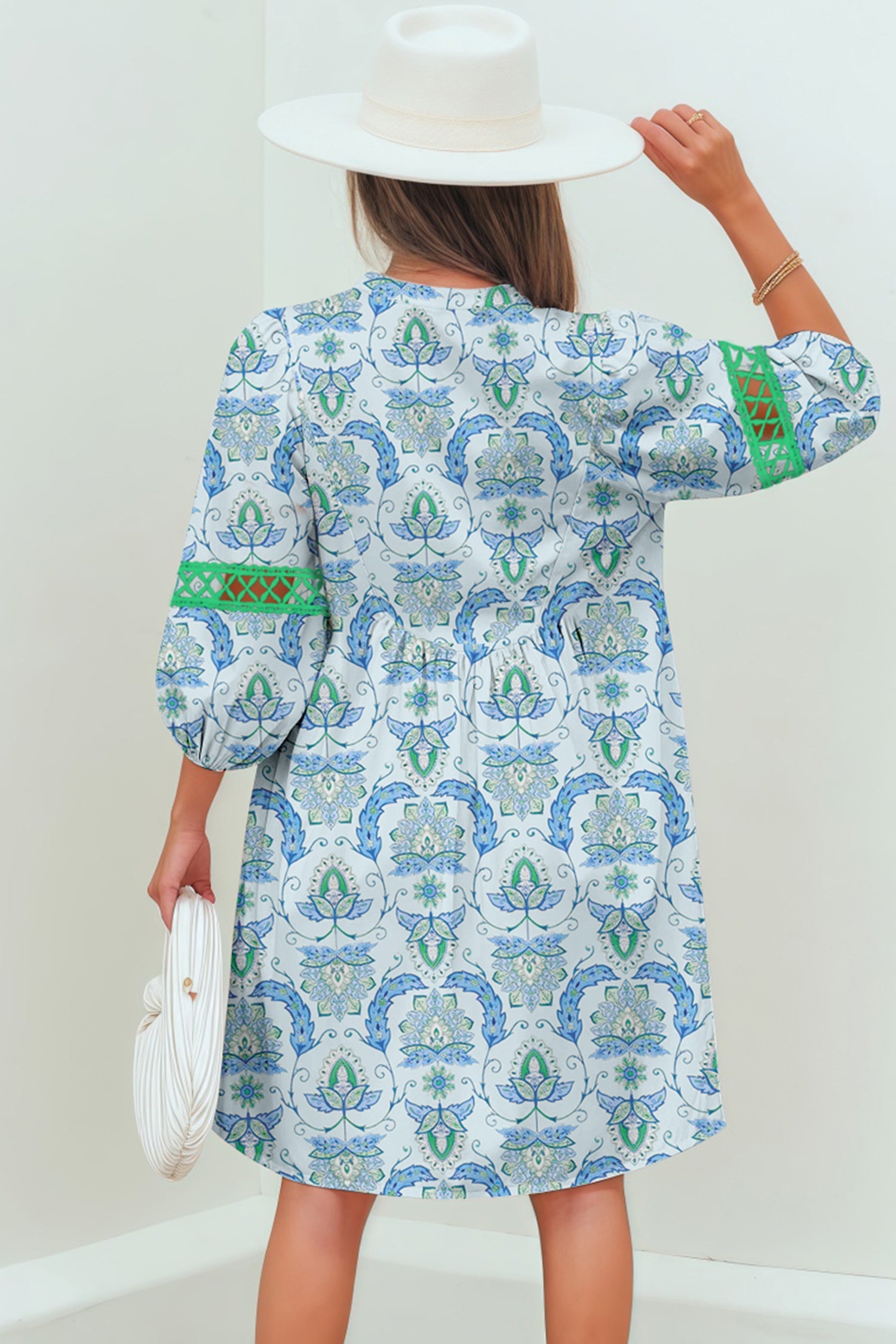 Paisley Patchwork Contrast Bracelet Sleeve Mini Dress