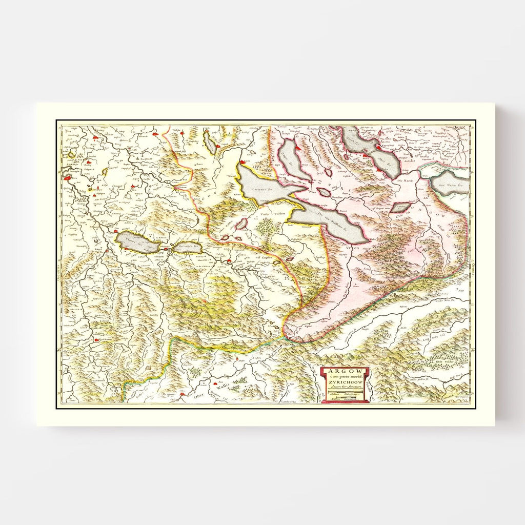 Vintage Map of Aargau & Zurich Switzerland 1665