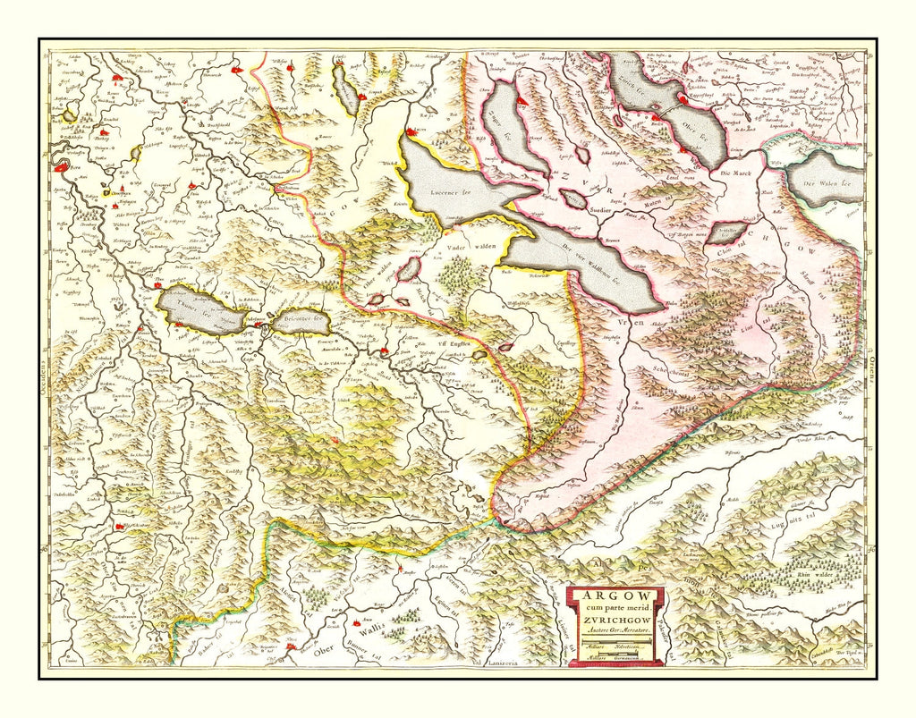 Vintage Map of Aargau & Zurich Switzerland 1665