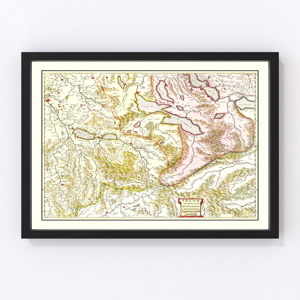Vintage Map of Aargau & Zurich Switzerland 1665