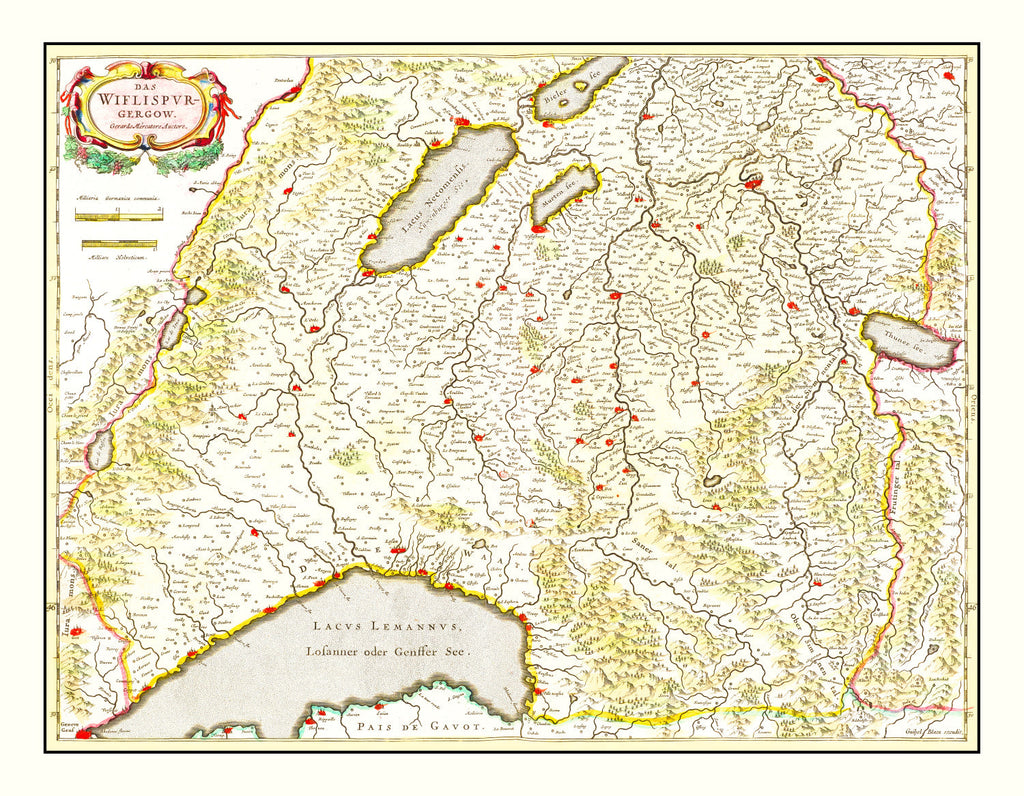 Vintage Map of Western Switzerland 1665