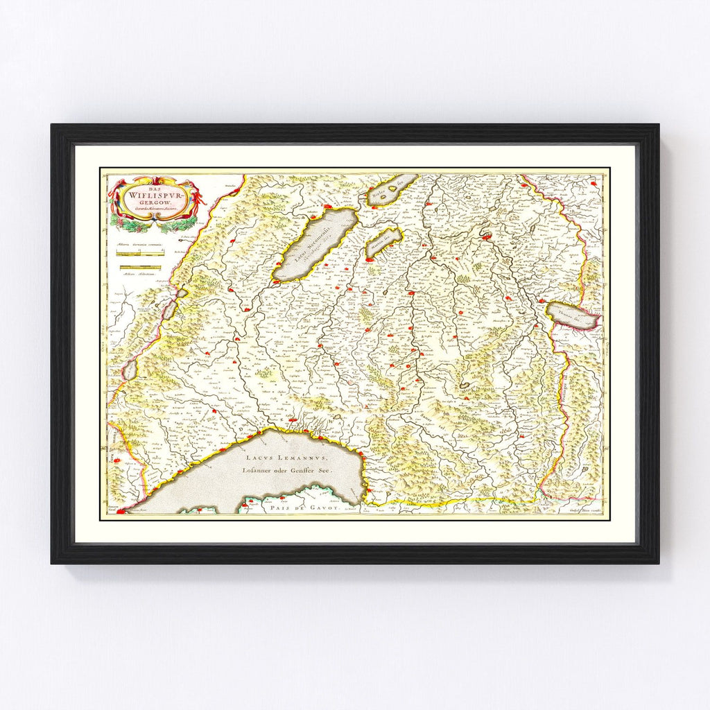 Vintage Map of Western Switzerland 1665