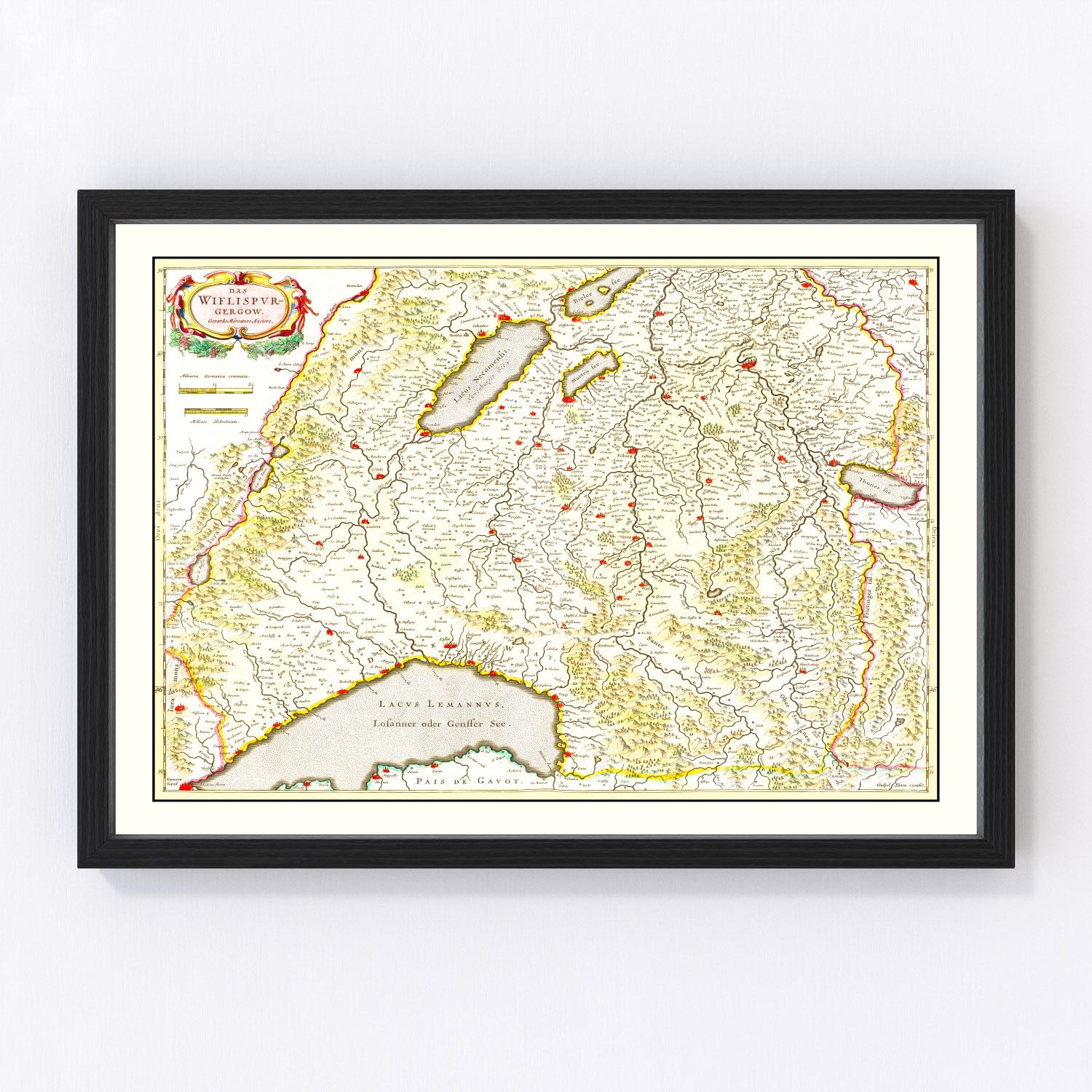 Vintage Map of Western Switzerland 1665