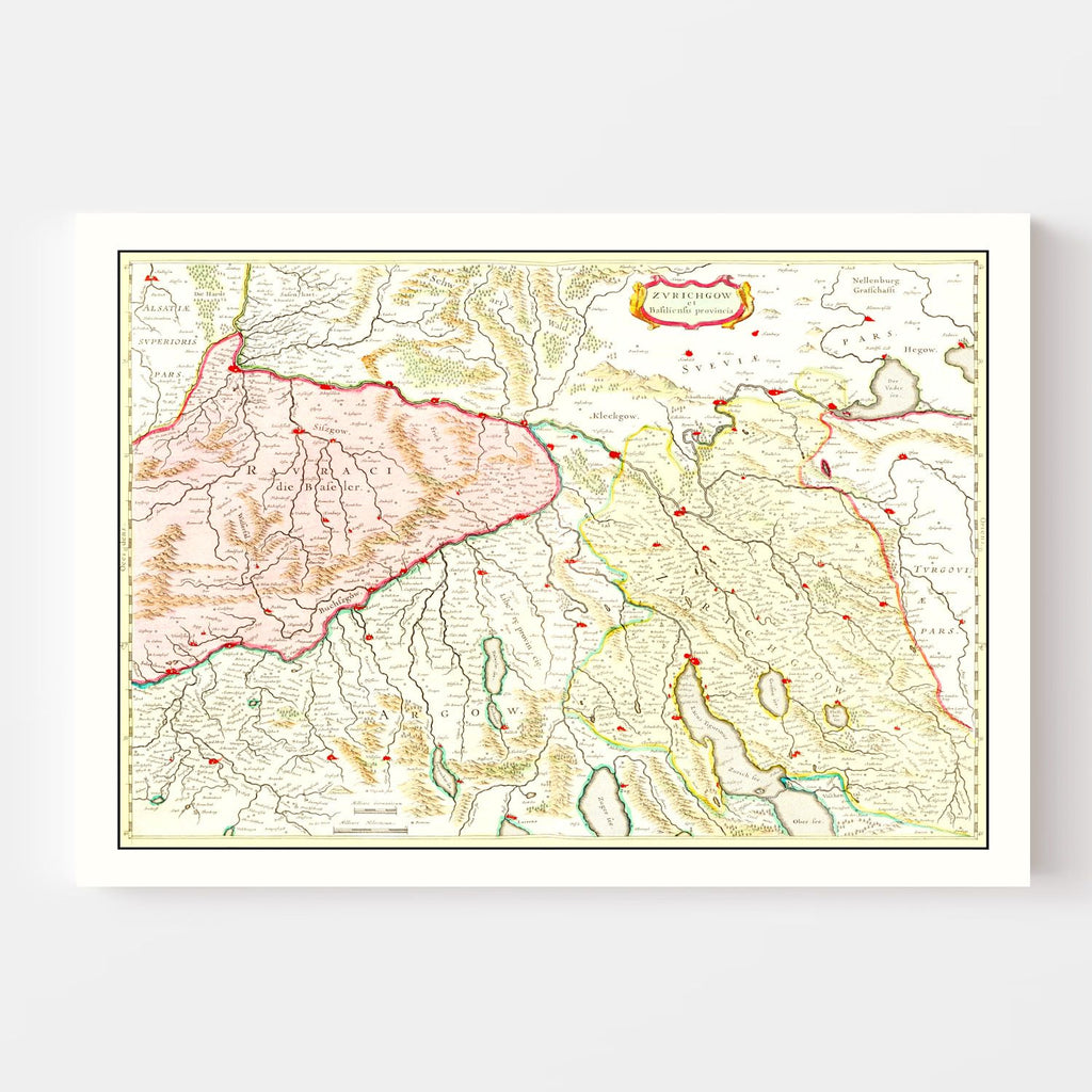 Vintage Map of Zurich Area of Switzerland 1665