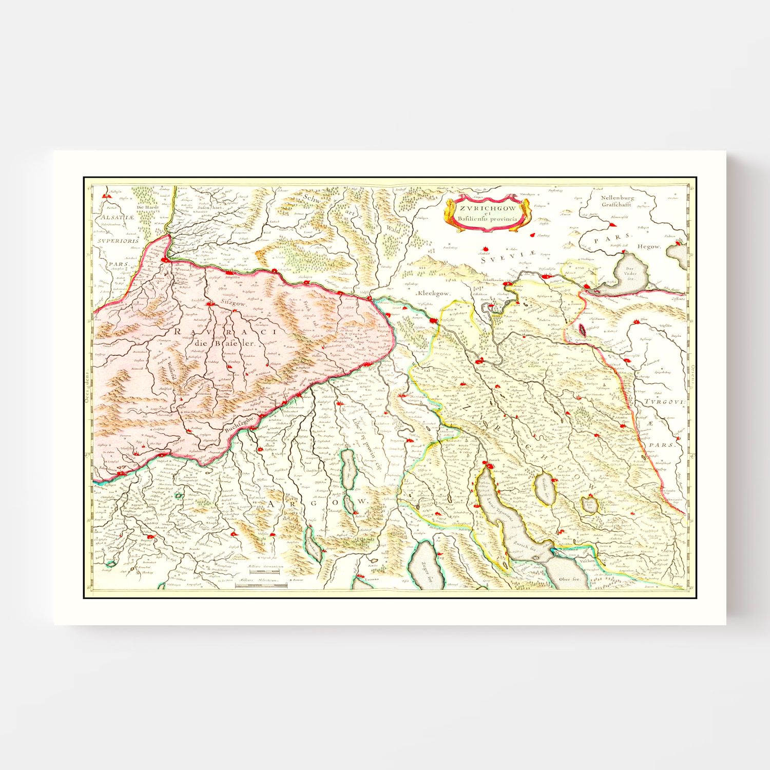 Vintage Map of Zurich Area of Switzerland 1665