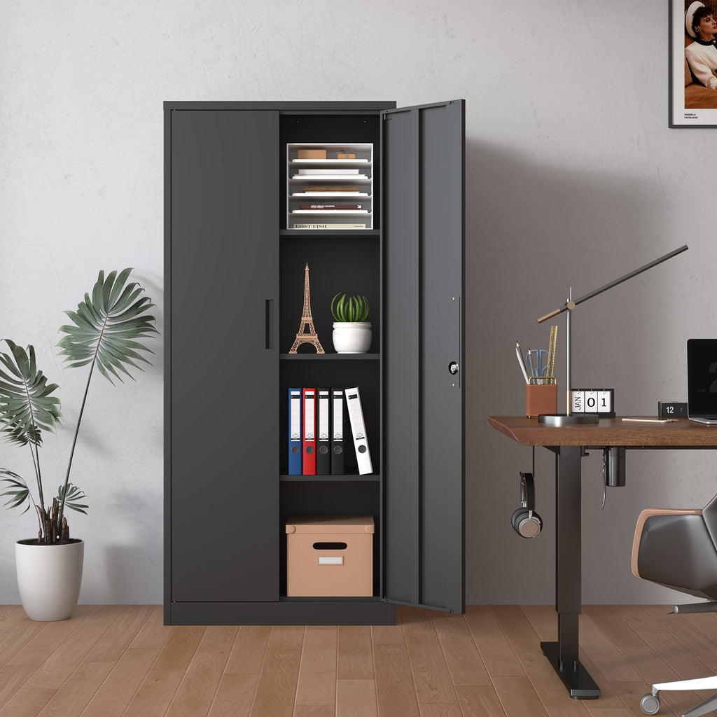 Heavy Metal Garage Storage Cabinet, Black Tool Steel Locking Cabinet with Doors and 3 Adjustable Shelves, 71 Inch Tall
