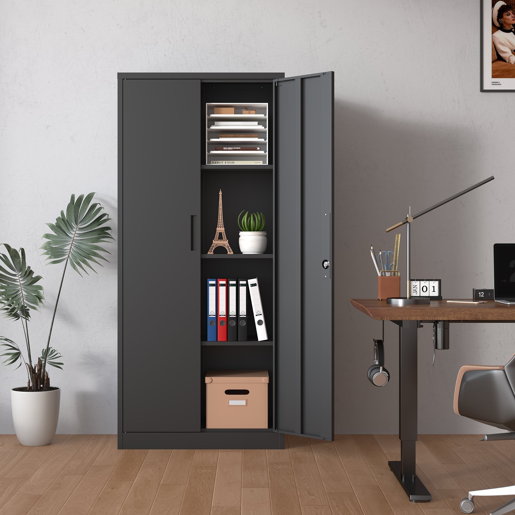 Heavy Metal Garage Storage Cabinet, Black Tool Steel Locking Cabinet with Doors and 3 Adjustable Shelves, 71 Inch Tall