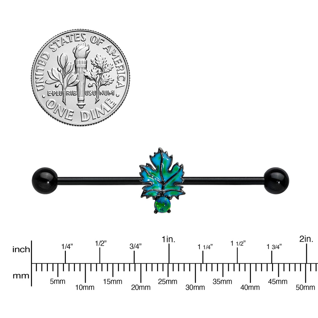 14G Green Synthetic Opal Black Fall Leaf Industrial Barbell 38mm