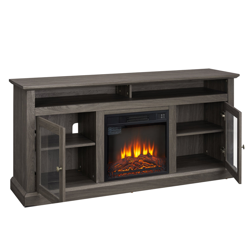Retro TV Stand for 65'' TV, TV Console Cabinet with Storage, Open Shelves Entertainment Center with 18' Fireplace Insert  for Living Room Dark Walnut 60'W*15.75'D*29'H
