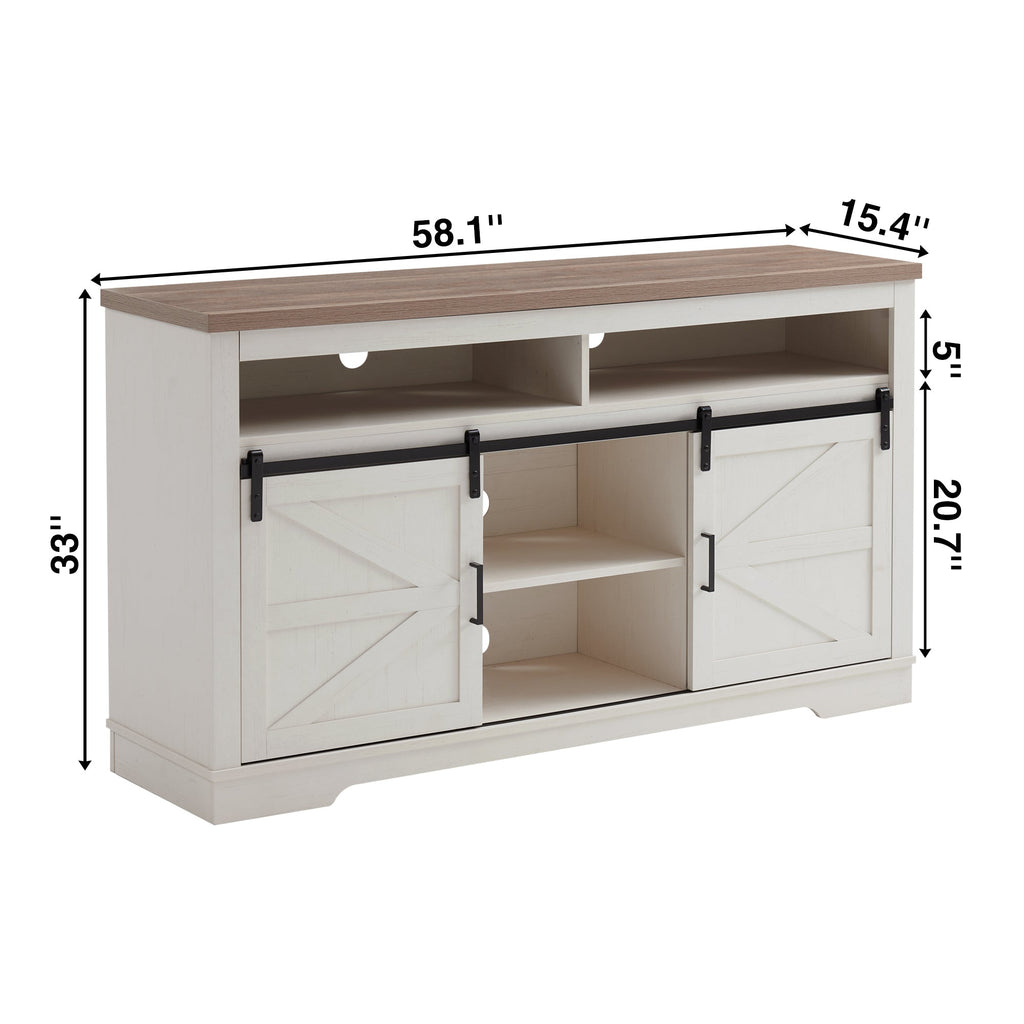 Farmhouse TV Stand for 65+ Inch TV, 33' Tall Highboy Entertainment Center w/Sliding Barn Door, Rustic Media Console w/Storage Shelves, Wood Television Stand for Living Room, Antique White