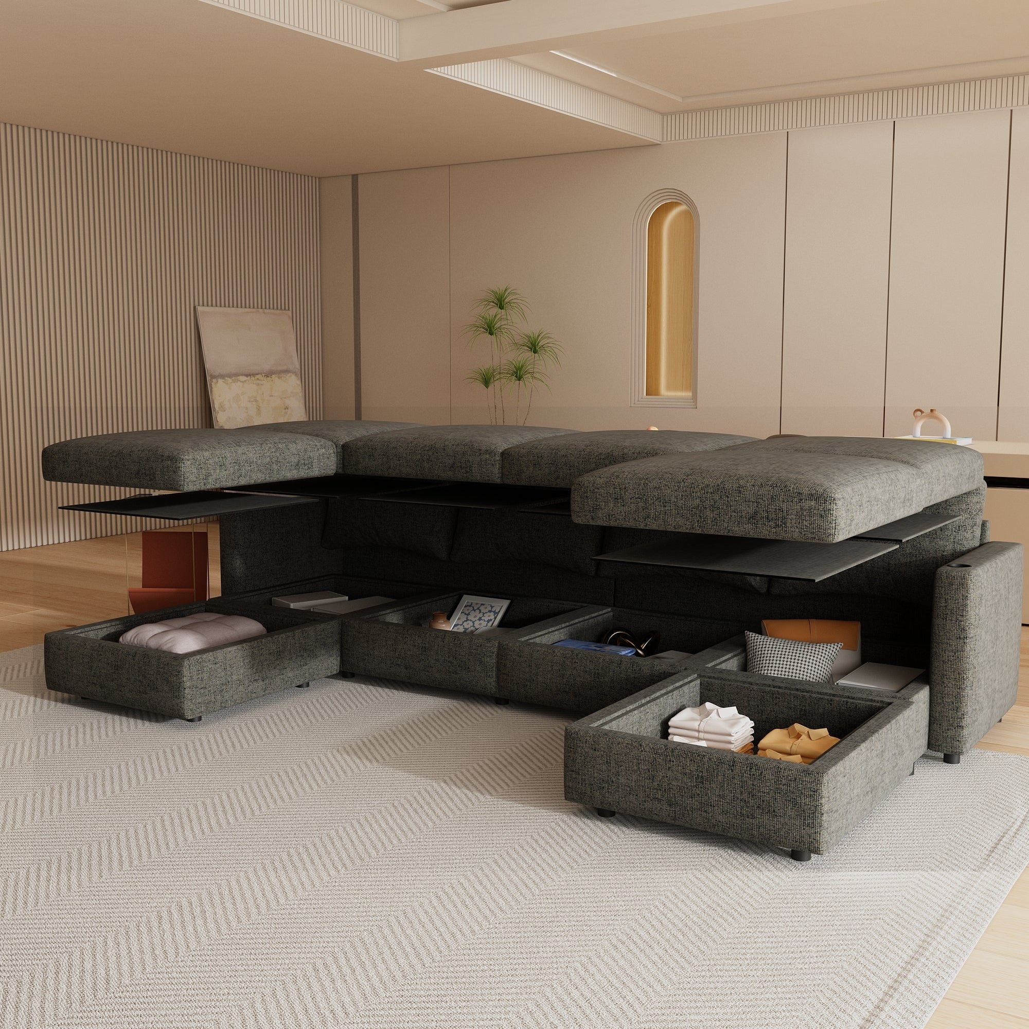Modern Large Sectional Sofa, U-Shape Modular Sectional Couch with Storage Function,123' Sofa Bed with Ottoman,6 Seat Sectionals Chaise for Living Room,Chenille