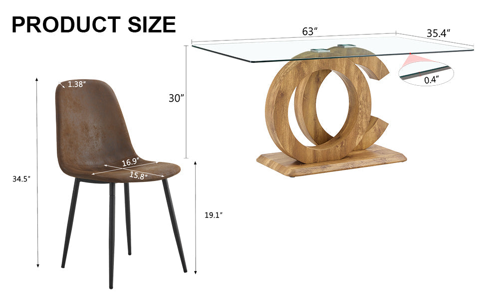 1 table and 6 chairs set.63'x35.4x30' Rectangular Transprant Tempered glass Dining Tabletop with Wood color MDF OC shaped bracket.Paired with 6 brown technology fabric dining chairs.W1151S02013