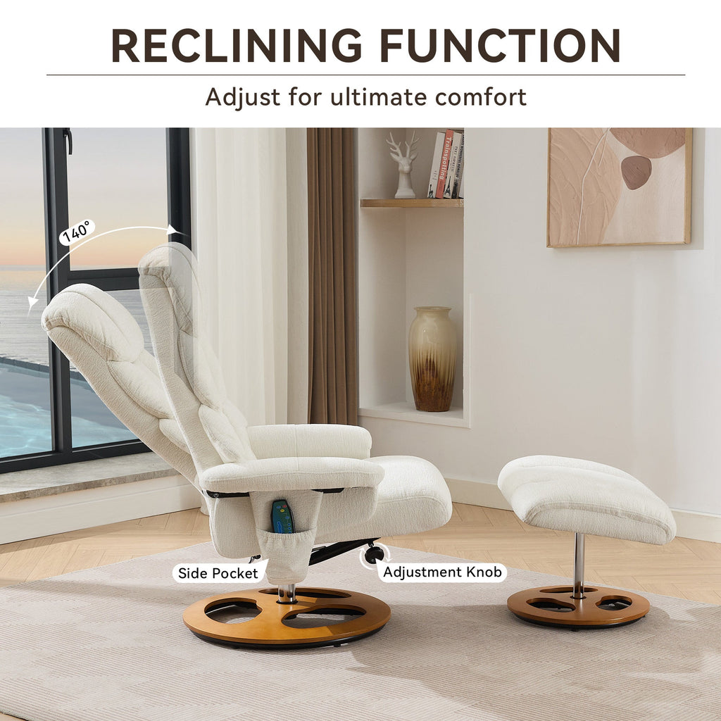 010-Ergonomic Recliner Chair with Ottoman, Modern 360° Swivel Lounge Chair with Footstool, Chenille Fabric, 5 Point Vibration Massage, Seat Heating & 140° Adjustable Backrest for Home or Office, White
