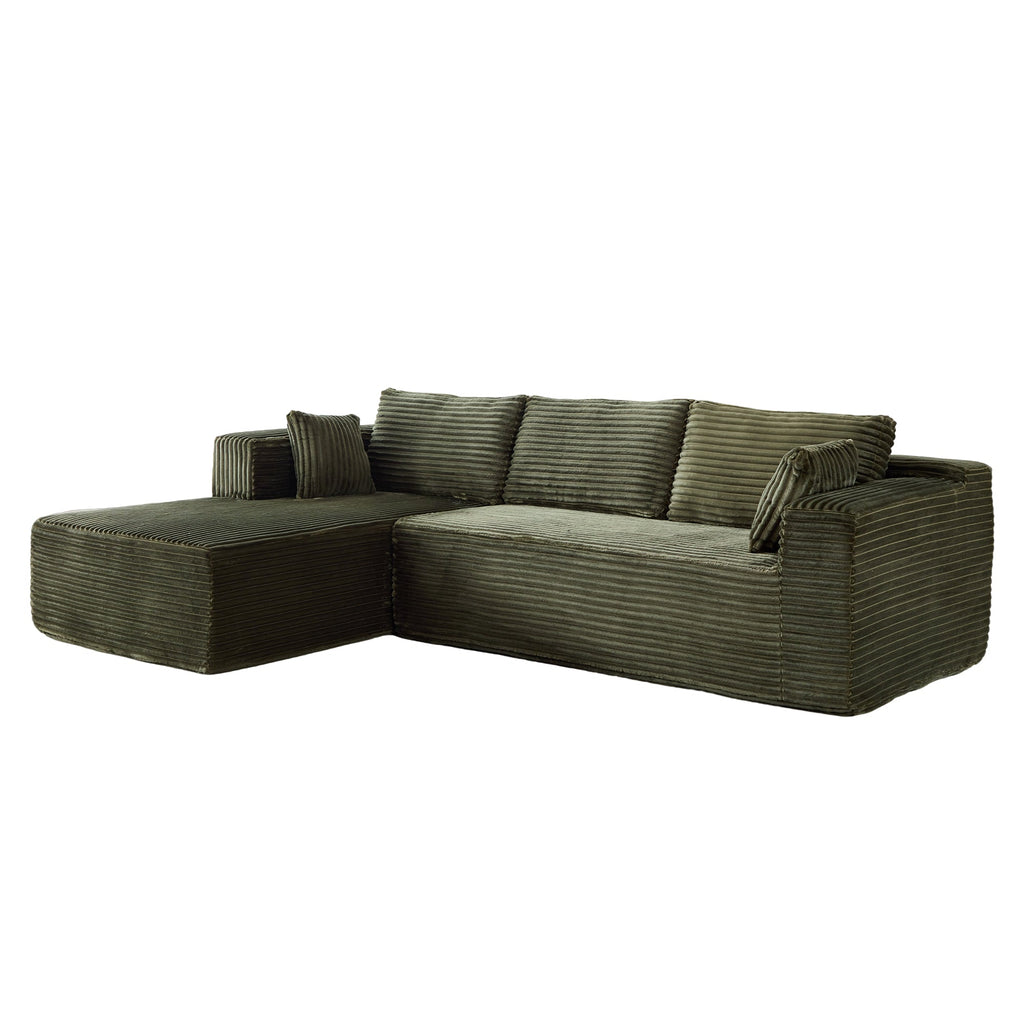 Compression Sectional Couch with Comfy Chaise, Boneless L Shape Sofa with Deep Seat, Minimalist Modular Couches Sleeper for Living Room Bedroom Apartment Lounge,corduroy,Green