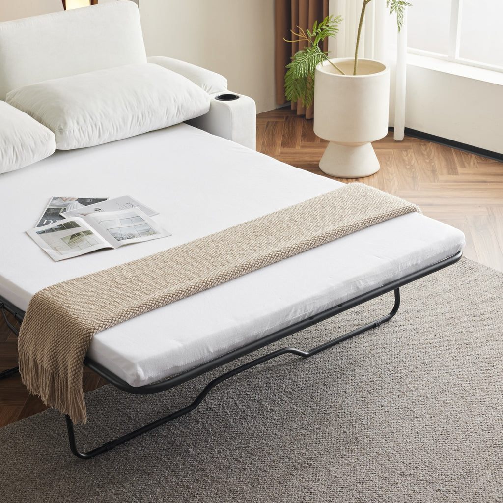 Pull-out sofa bed, chenille material, pull-out queen sofa bed, with USB charging, mobile phone holder, memory sofa, removable and washable cushions, suitable for living room, bedroom, apartment, white