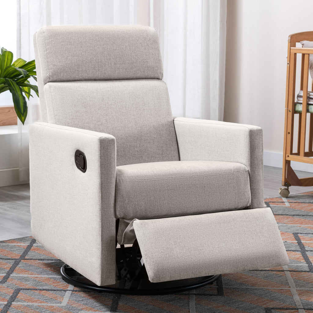 Modern Upholstered Rocker Nursery Chair with Plush Seating, Tan Linen, Swivel Recliner