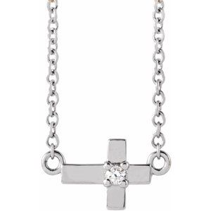 14K White Gold .015 CT Natural Diamond Sideways Cross 18" Necklace