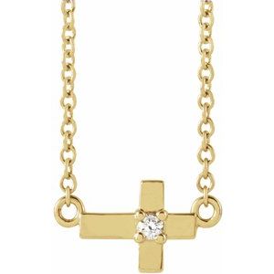 14K Yellow Gold .015 CT Natural Diamond Sideways Cross 18" Necklace