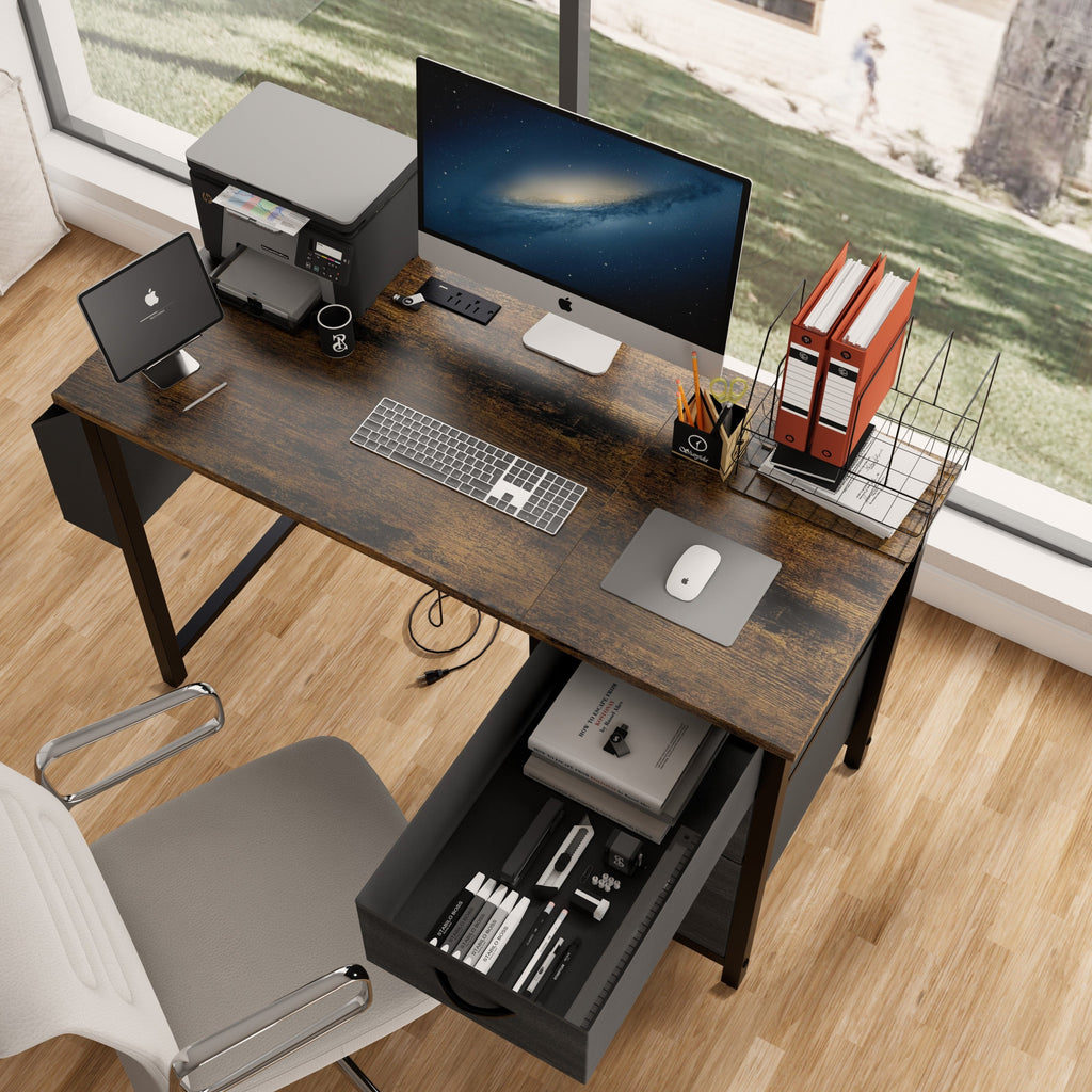 47.3'office desk with power outlet,3drawers and Side Pocket, Easy to Assemble,Frame stability Reversible for Home Office Study,Rustic Brown