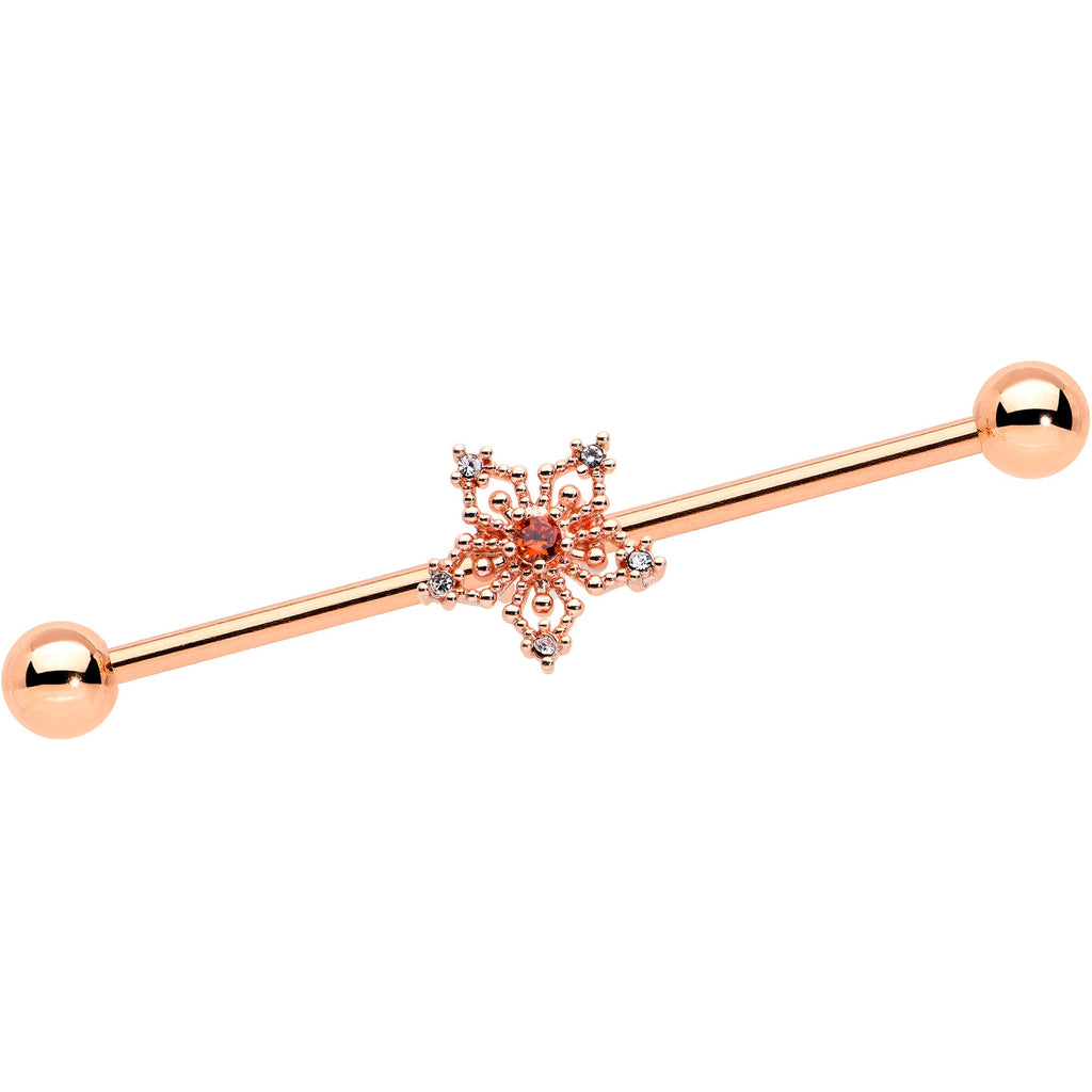 14G Red Gem Rosy Tone Texture Snowflake Industrial Barbell 38mm