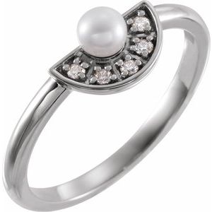 Sterling Silver Cultured White Akoya Pearl & .08 CTW Natural Diamond Fan Ring