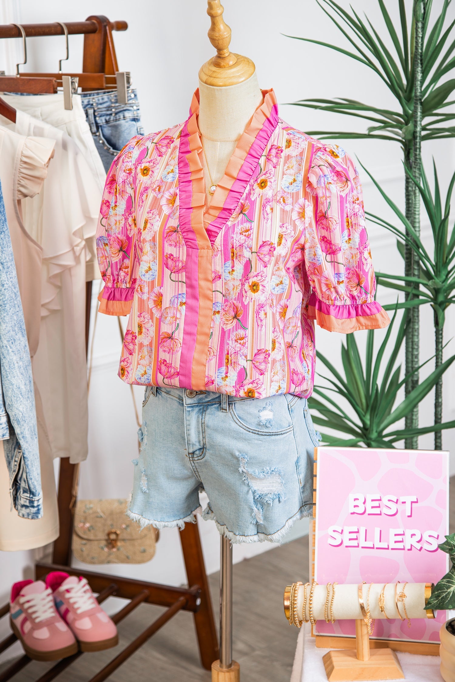 Floral Poppy Stripe Colorblock V-Neck Short Sleeve Blouse