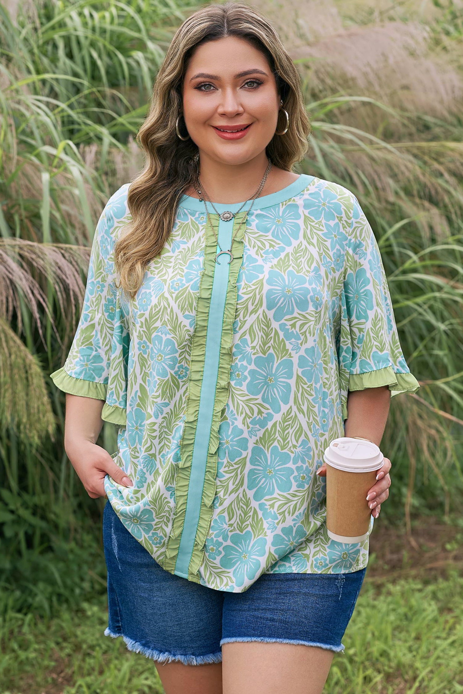 Plus Size Floral Frilled Colorblock Trim Blouse