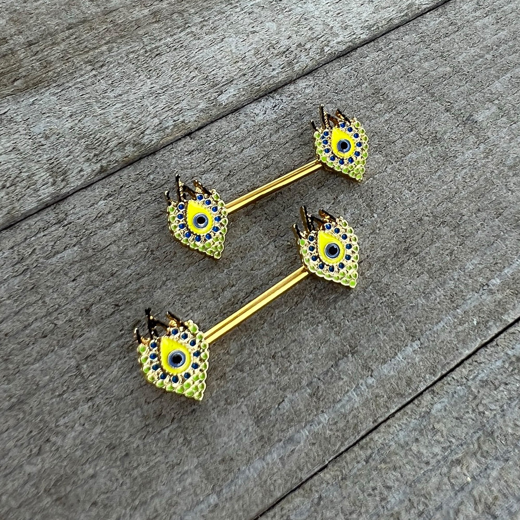14G 9/16 Gold Tone Bold Peacock Feather Barbell Nipple Ring Set