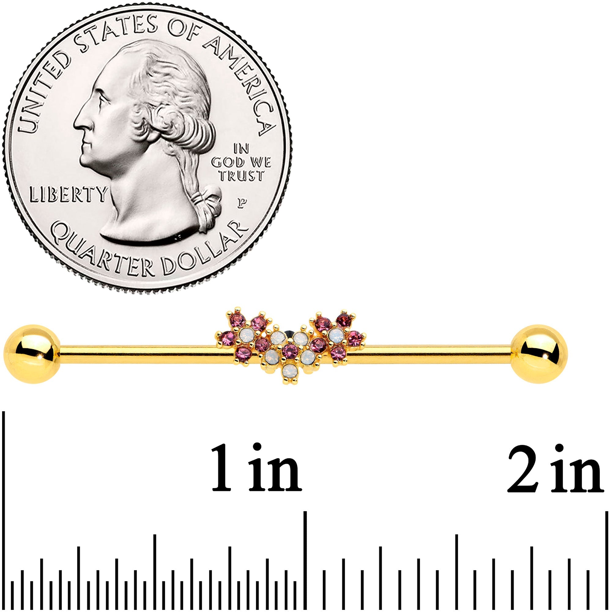 14G White Faux Opal Gold Hue Bunch Flower Industrial Barbell 38mm