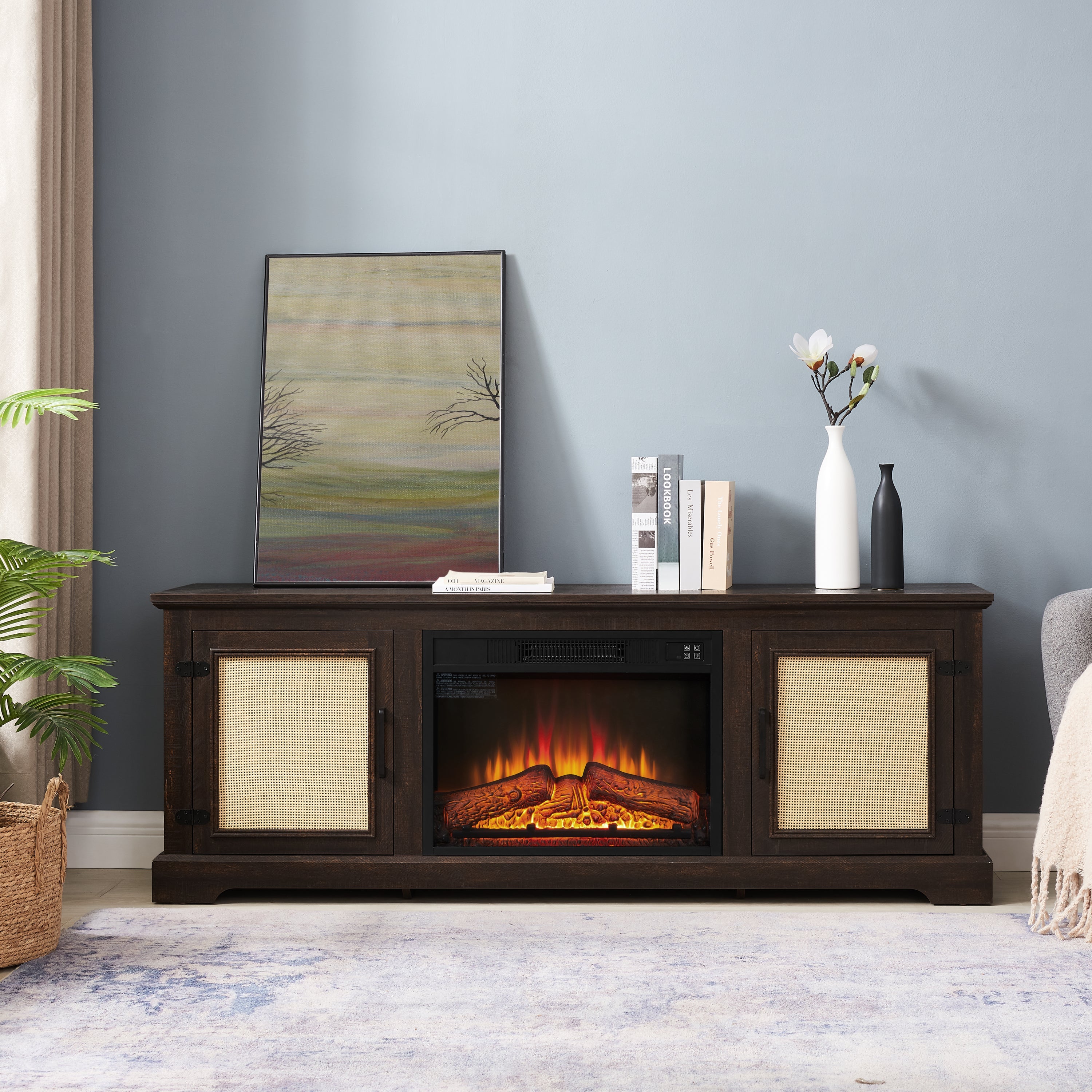 Natural Rattan Door Cabinet with Adjustable Shelf Wood, Farmhouse Rattan TV Stand Console Table for TVs up to 70 Inches, Storage tv stand with 23' fireplace insert, 65'W*15.55'D*23.86'H, Espresso