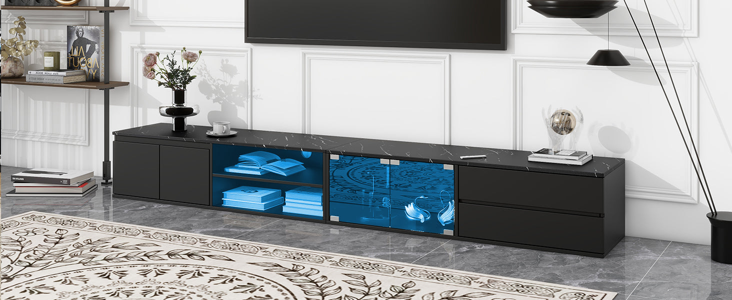 ON-TREND Modern APP Controlled LED TV Stand for TVs Up to 105'', Faux Marble Tabletop Media Console with Tempered Glass Doors, Entertainment Center with 2 Drawers & Cabinets for Living Room, Black