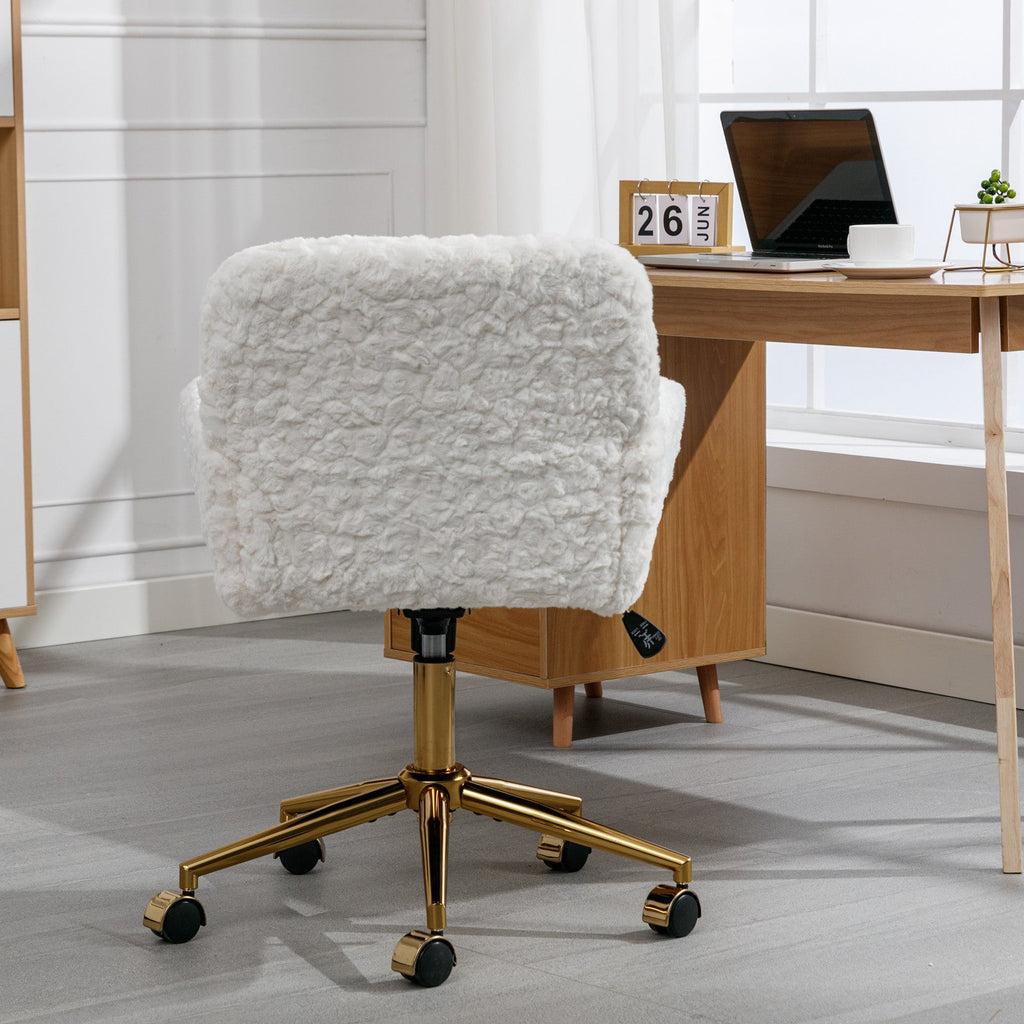 A&A Furniture Artificial Rabbit Hair Office Chair with Golden Metal Base, Adjustable Swivel Vanity Chair, Beige Velvet