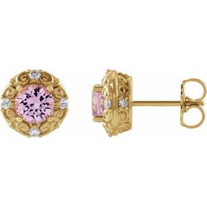 Platinum 6 mm Natural Pink Tourmaline & 1/4 CTW Natural Diamond Halo-Style Earrings – image 3
