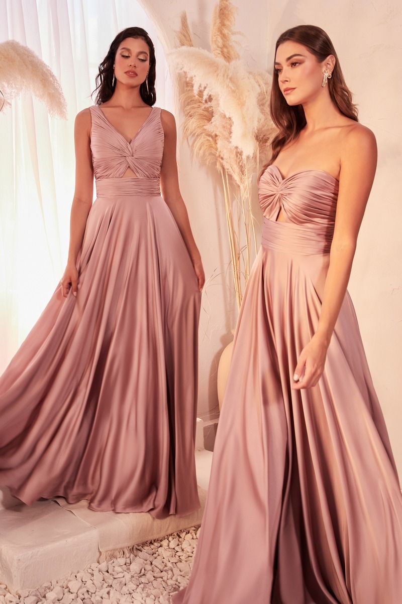 A-Line Satin Keyhole Open Back V-Neck Long Bridesmaid Dress CD7497