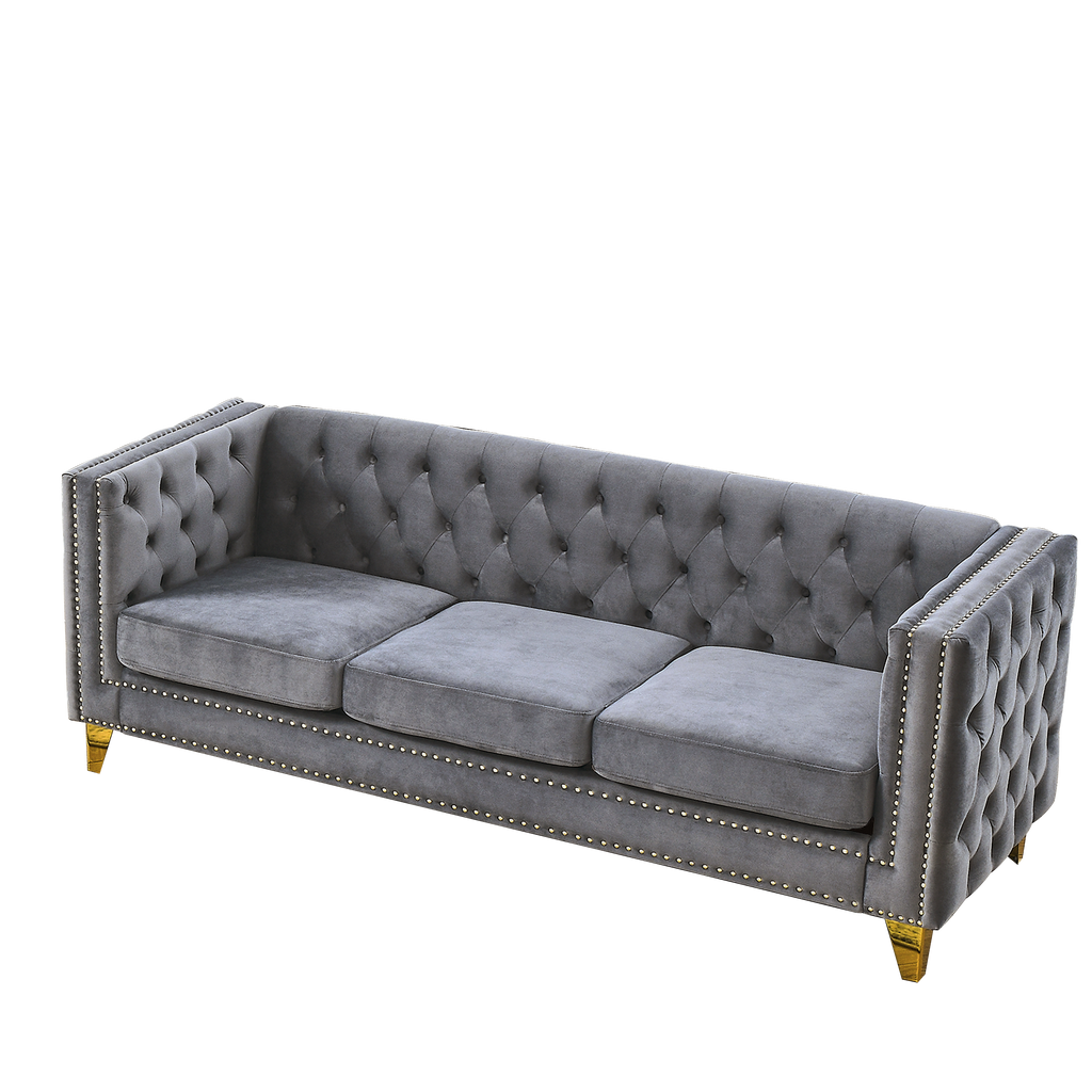 {Contact us for 3D modeling}  Velvet Sofa for Living Room,Buttons Tufted Square Arm Couch, Modern Couch Upholstered Button and Metal Legs, Sofa Couch for Bedroom, Grey Velvet(W834S00020)
