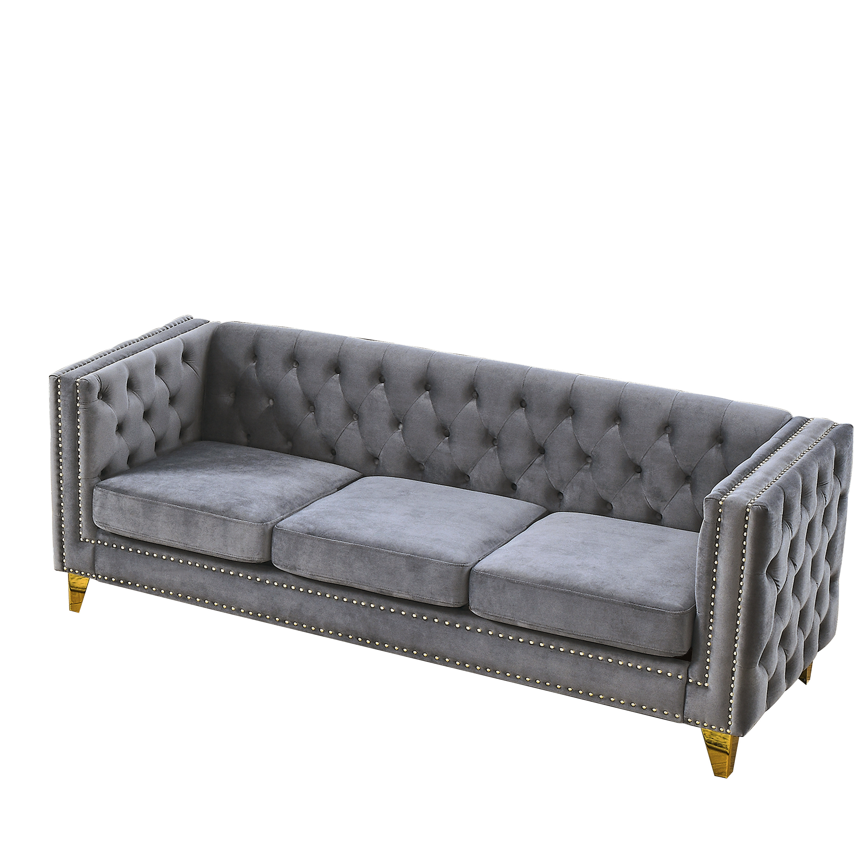 {Contact us for 3D modeling}  Velvet Sofa for Living Room,Buttons Tufted Square Arm Couch, Modern Couch Upholstered Button and Metal Legs, Sofa Couch for Bedroom, Grey Velvet(W834S00020)