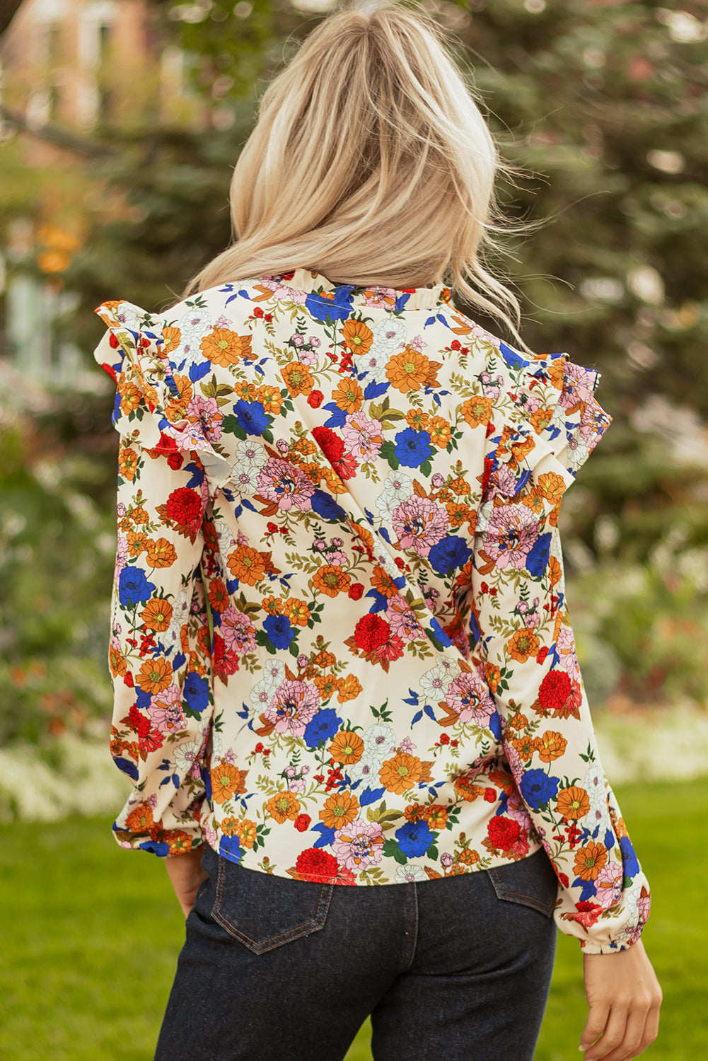 Floral Ruffle Shoulder Long Sleeve Blouse