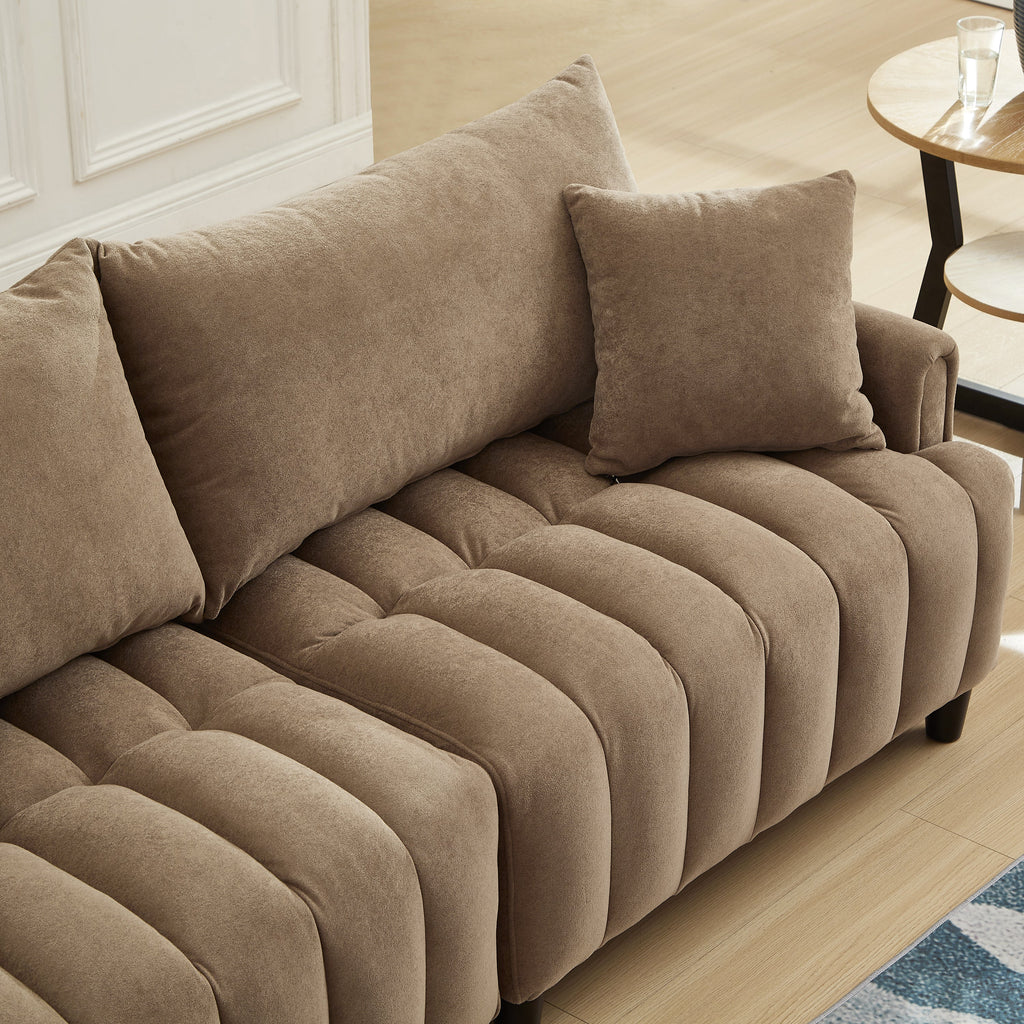 83''  Futon Sofa Bed, Polyester Fabric Comfy Futon Couch Bed with 2 Square Pillows, Convertible Sleeper Sofa with Adjustable Backrest,  Modern Loveseat Sleeper for Living Room, Brown