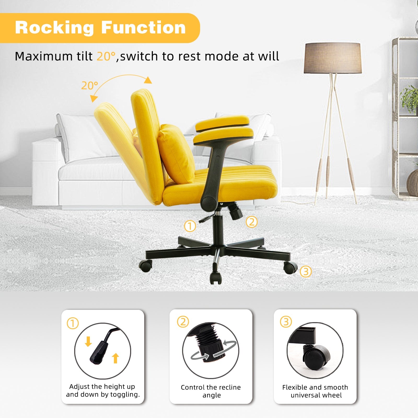 Yellow Linen Criss Cross Armrest Office Chair with Wheels - Ergonomic for Home Office, Work & Study