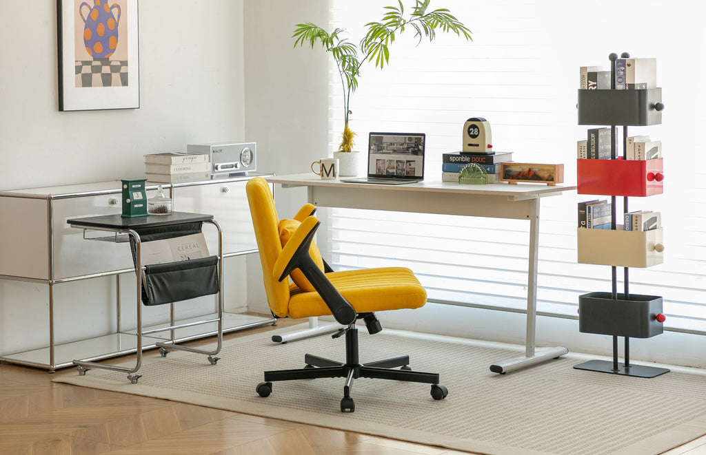 Yellow Linen Criss Cross Armrest Office Chair with Wheels - Ergonomic for Home Office, Work & Study