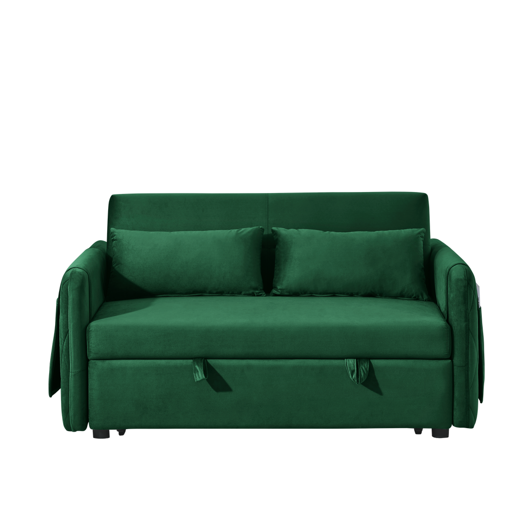 55' Modern Convertible Sofa Bed with 2 Detachable Arm Pockets, Velvet Loveseat Sofa with Pull Out Bed, 2 Pillows and Living Room Adjustable Backrest, Grid Design Armrests